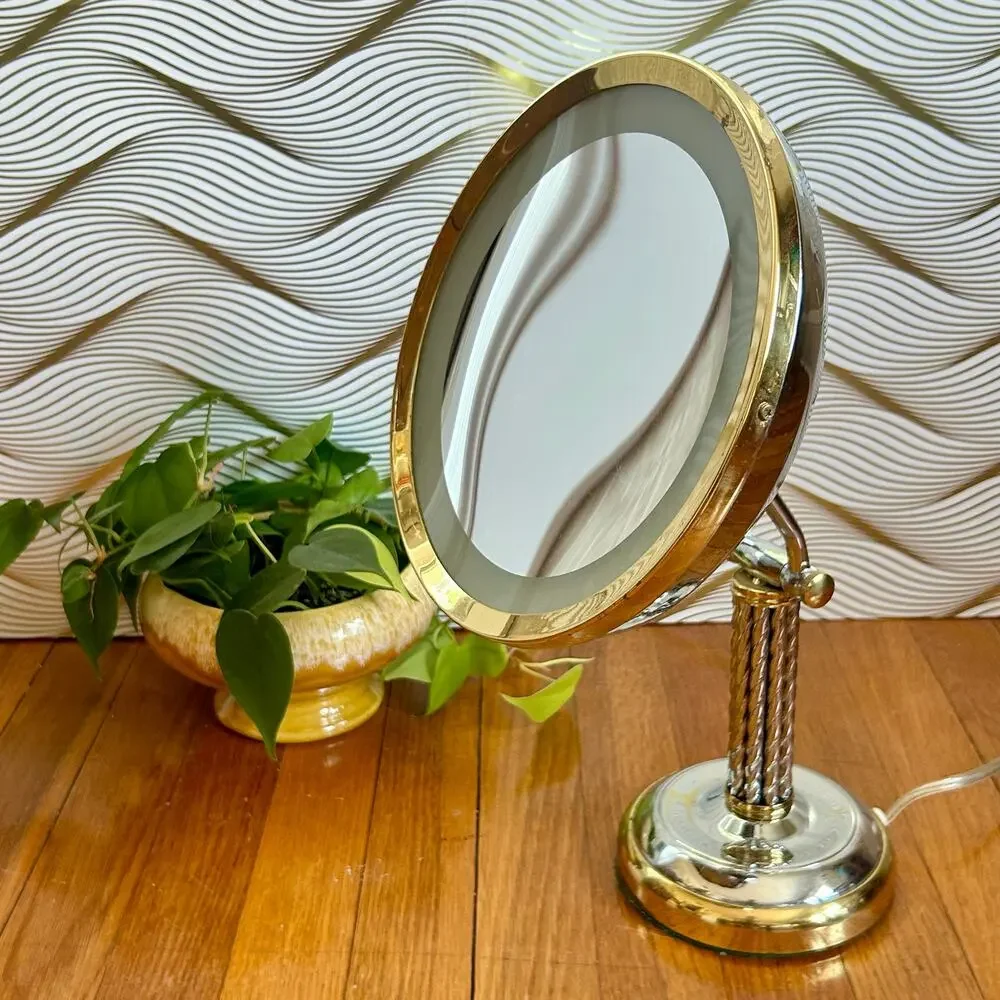 Vintage Cane & Reed Round Lighted Adjustable Make-Up Mirror with Twisted Stem
